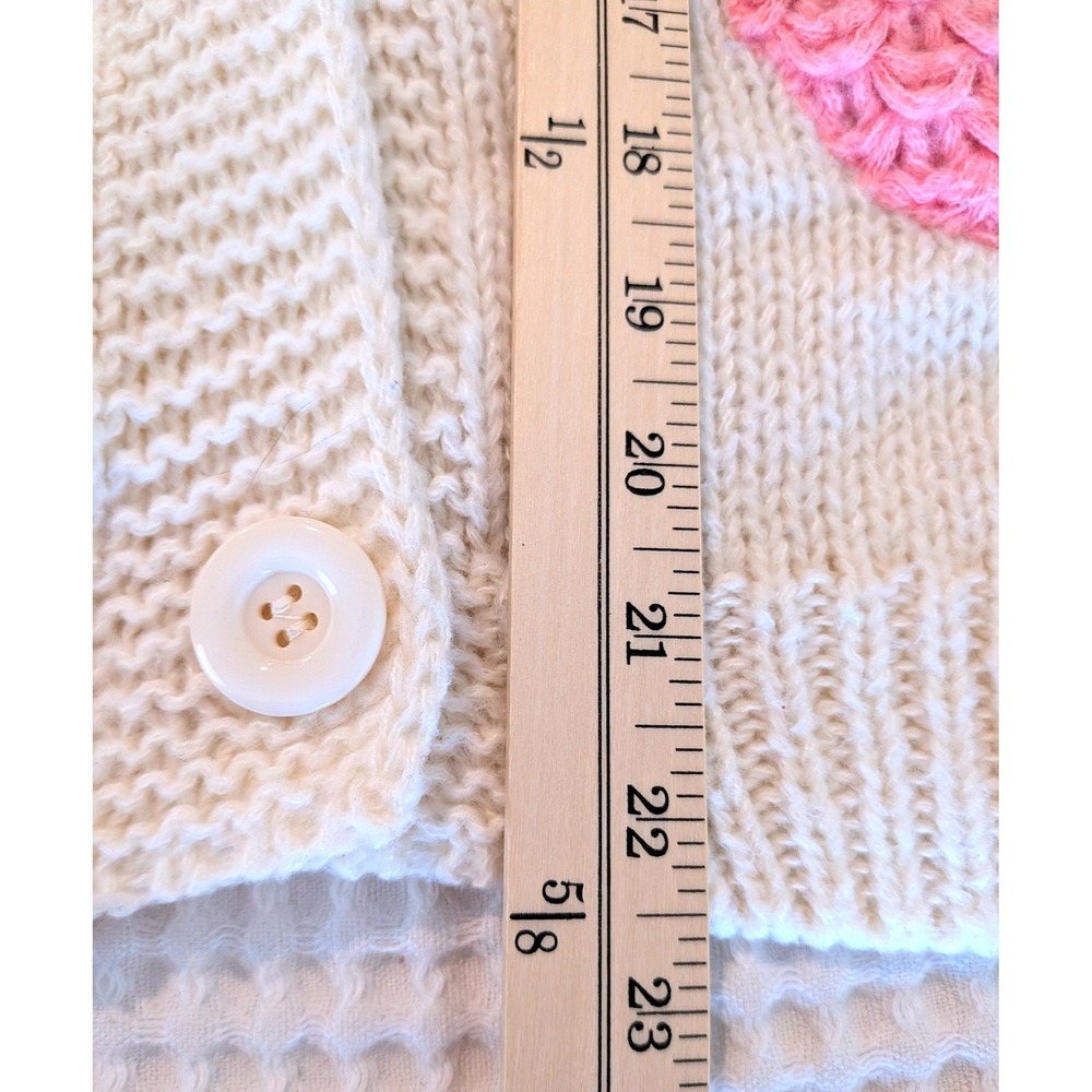Luna Ivy Strawberry Cardigan Cream Knit Pink Applique V-Neck Sweater CA9525 L - Picture 7 of 8